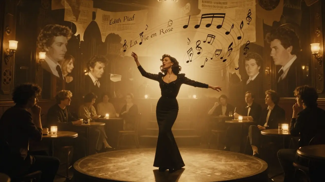 A lone dancer dissolving into musical notes under vintage film reels, surrounded by ghostly silhouettes in a Paris club.