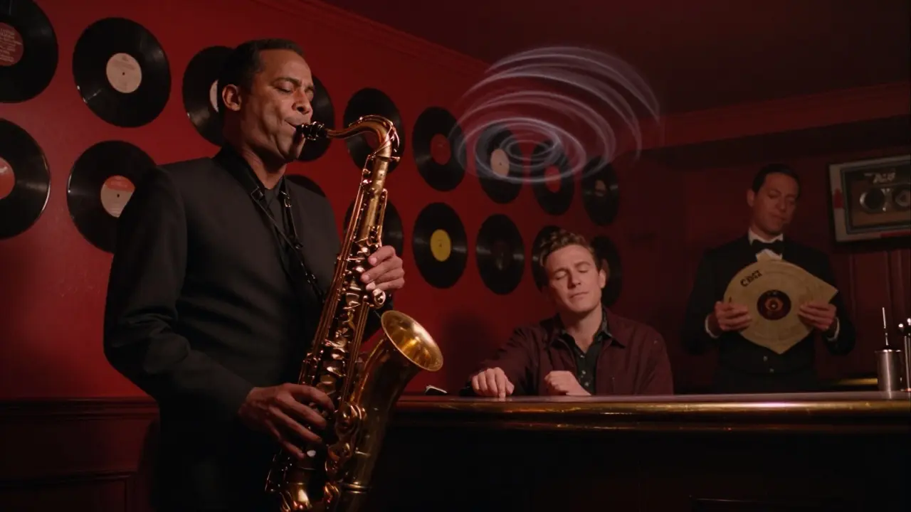 A lone listener sits at a jazz bar, eyes closed, as a saxophone plays under soft red lights, vinyl records lining the walls.