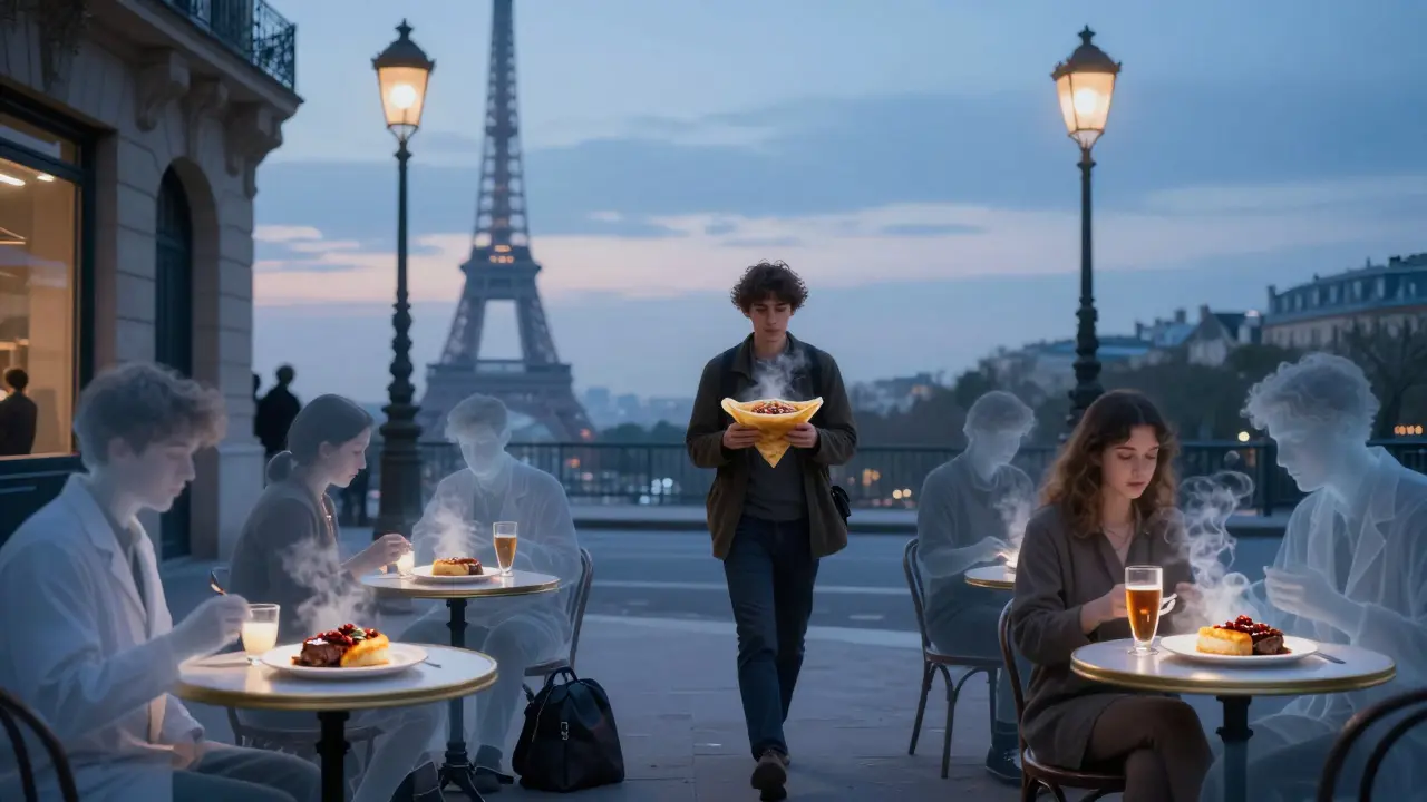 A lone person walks at dawn holding a crepe, surrounded by ghostly figures of past late-night diners.
