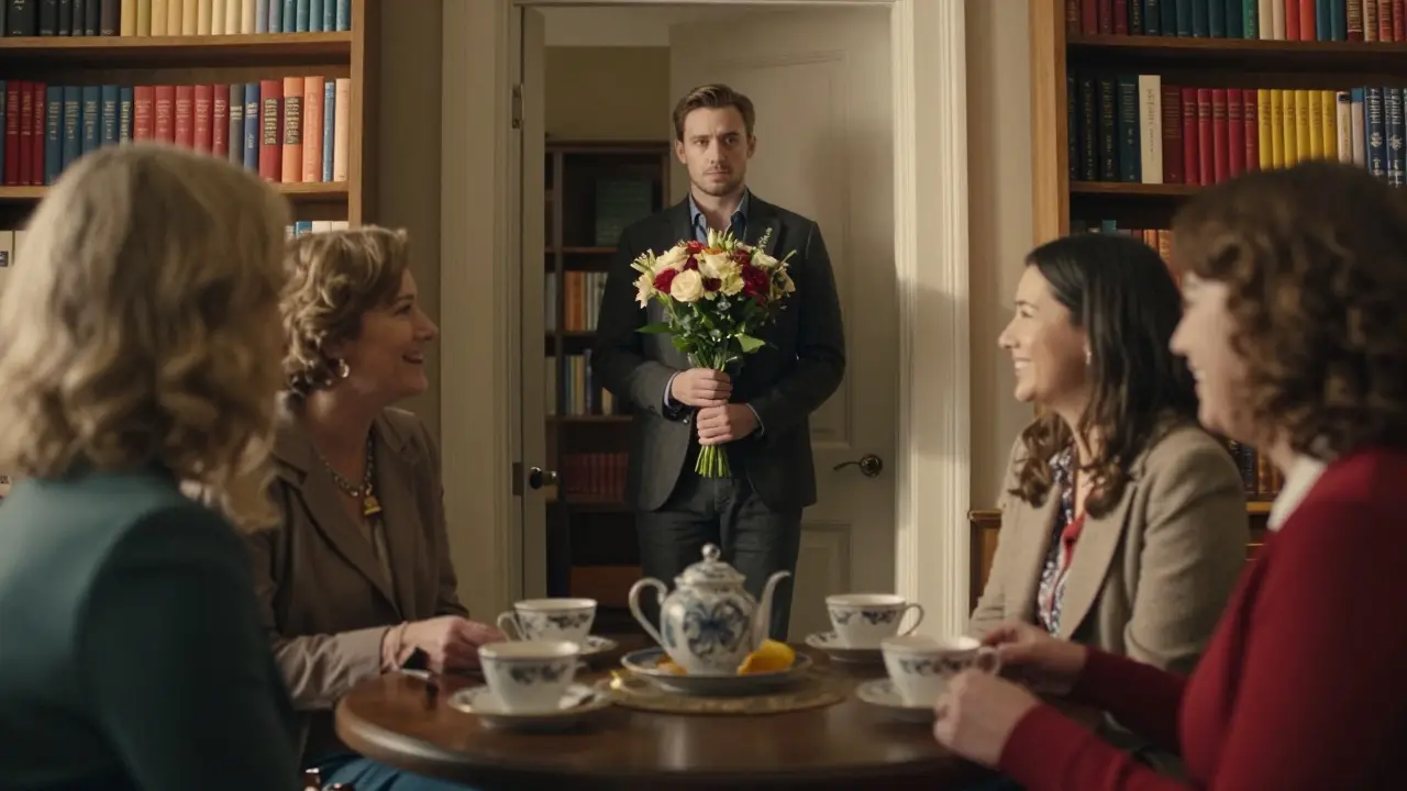 A man holds flowers at a book club, awkwardly standing as women laugh together.