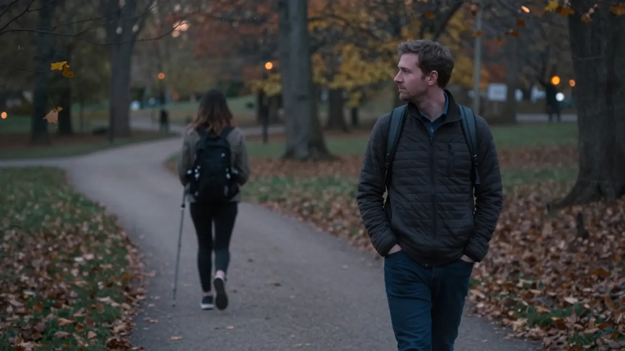 A man walks calmly in a park at dusk, watching a woman hike ahead without approaching.