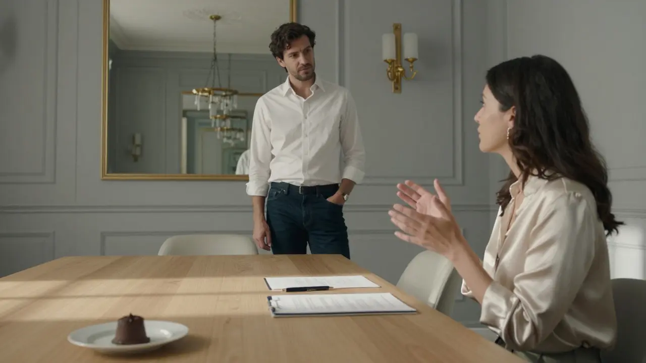 A minimalist business meeting in a luxury hotel room with concise documents and quiet atmosphere.