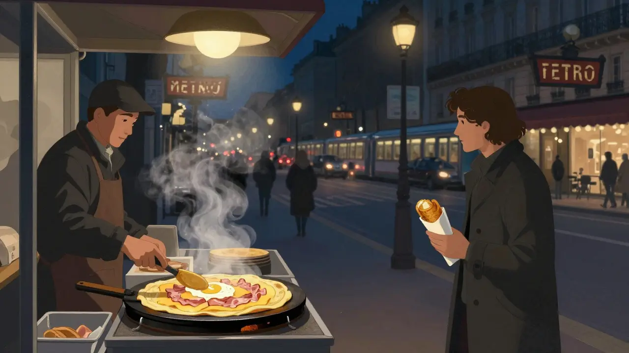 A night street vendor flipping a savory crêpe outside Gare du Nord, steam curling into the cool air.