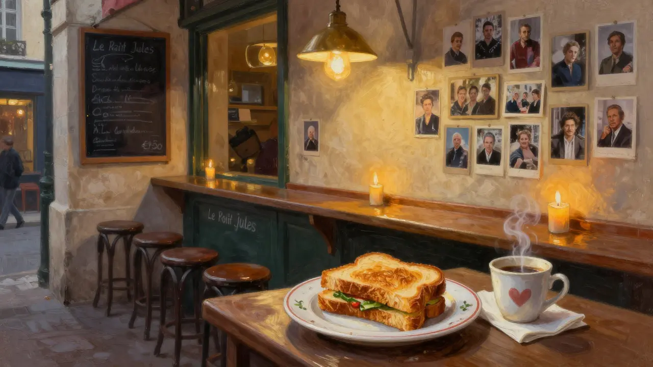 A single croque-monsieur on a plate under warm light in a tiny Montmartre bistro, empty stools around.