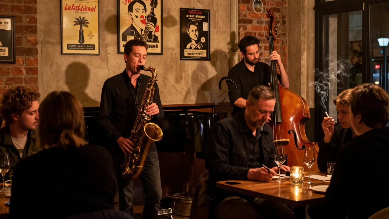 A small jazz trio plays in a cozy Montparnasse bar with patrons enjoying wine.