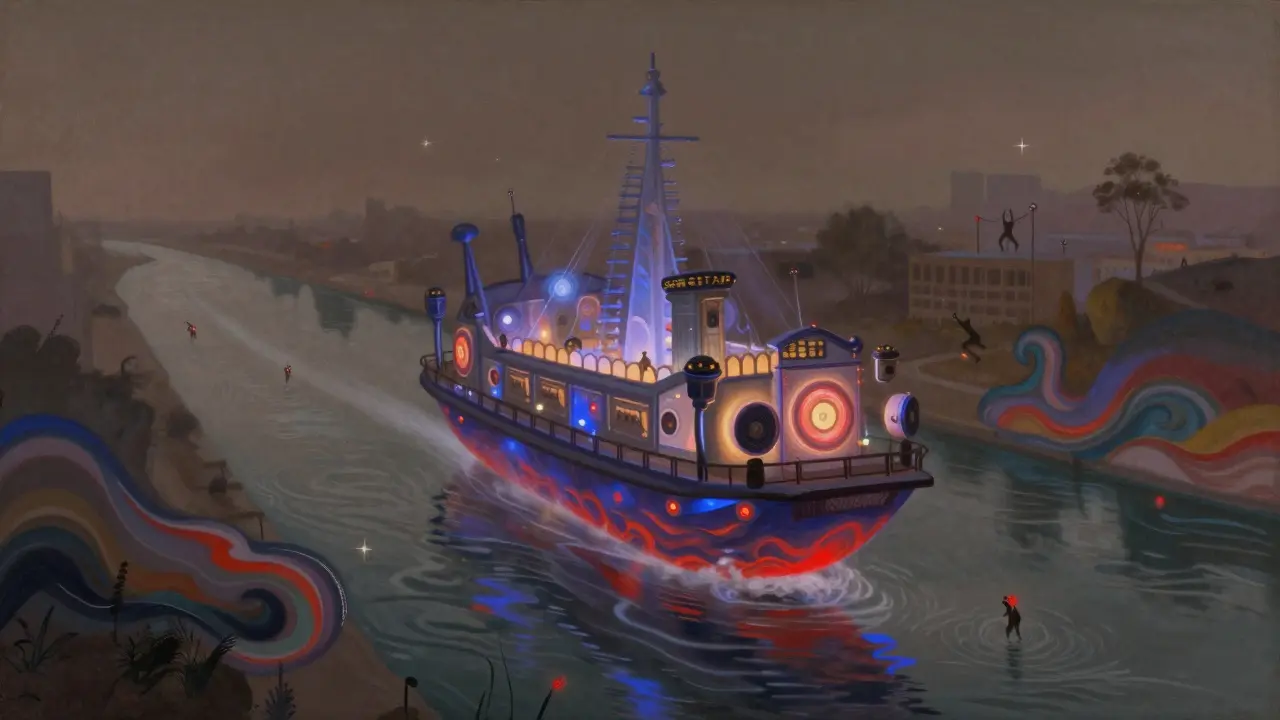 A surreal floating barge surrounded by abstract music waves, symbolizing the soul of Parisian nightlife.