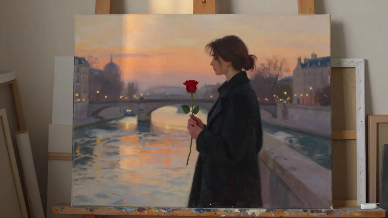 A woman in black coat with a red rose by the Seine at dusk, her face unseen, painting rolled in studio.