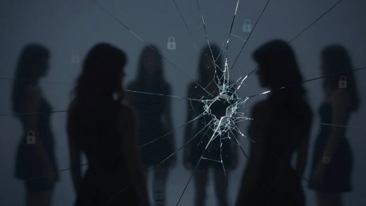 Abstract mirror reflecting anonymous silhouettes with obscured faces in dark tones.