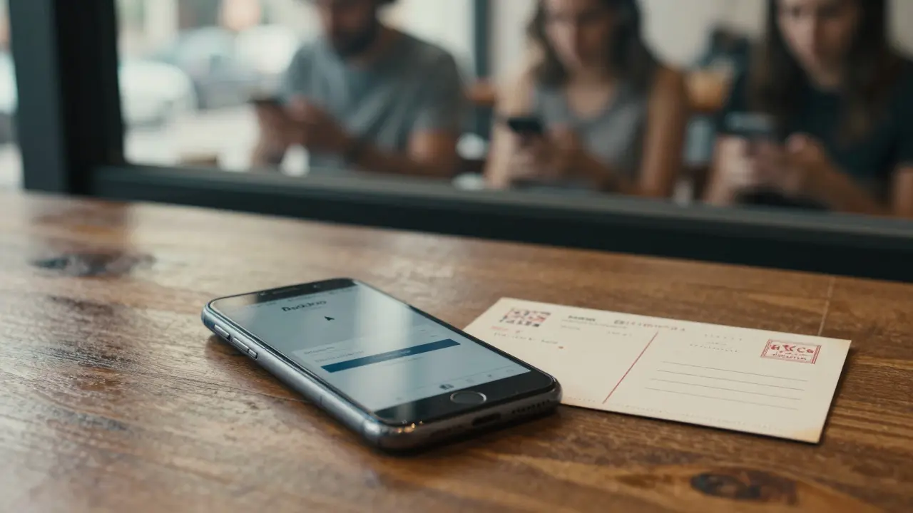An abandoned smartphone showing the Badoo app on a table with a faded postcard nearby.
