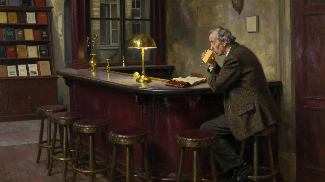 An elderly man sips wine at a quiet bar near the Louvre, a notebook open beside him, dim lighting and antique books in the background.