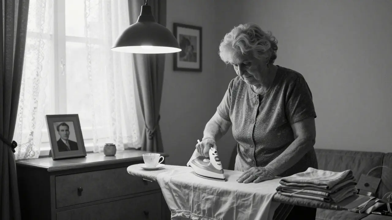 An elderly woman ironing her husband's shirt in a dimly lit apartment, surrounded by memories and quiet ritual.
