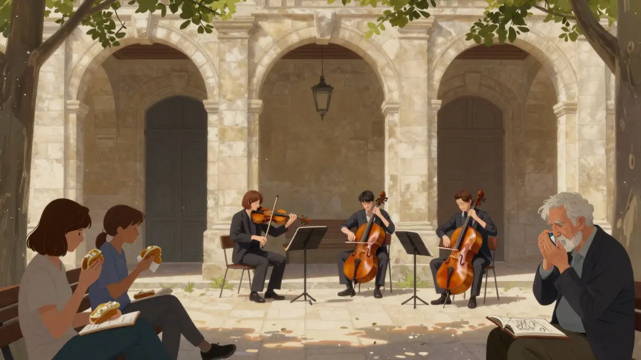 Chamber musicians play under the stone arches of Place des Vosges, with locals sitting peacefully nearby.