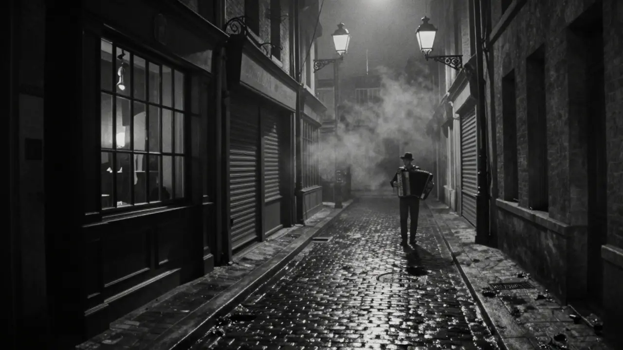 Dim alley in Le Marais at night with jazz light spilling from a hidden bar onto wet cobblestones.