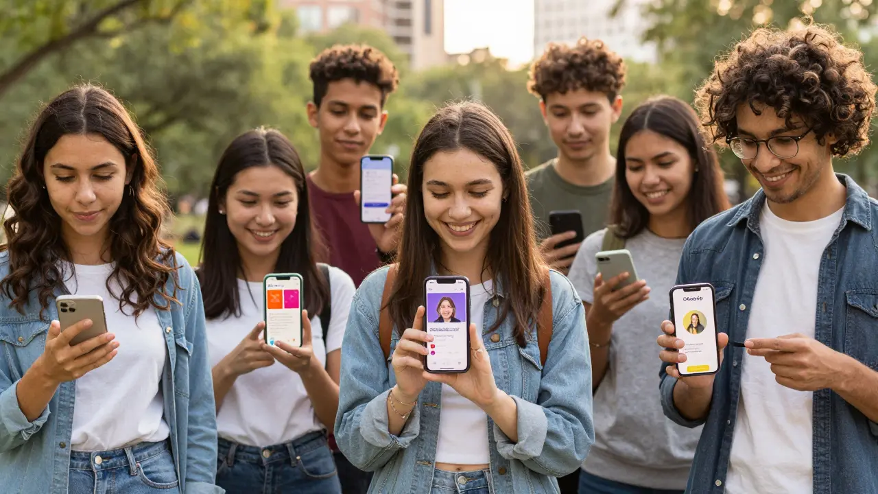 Diverse people in a park, each using different dating apps under golden light.