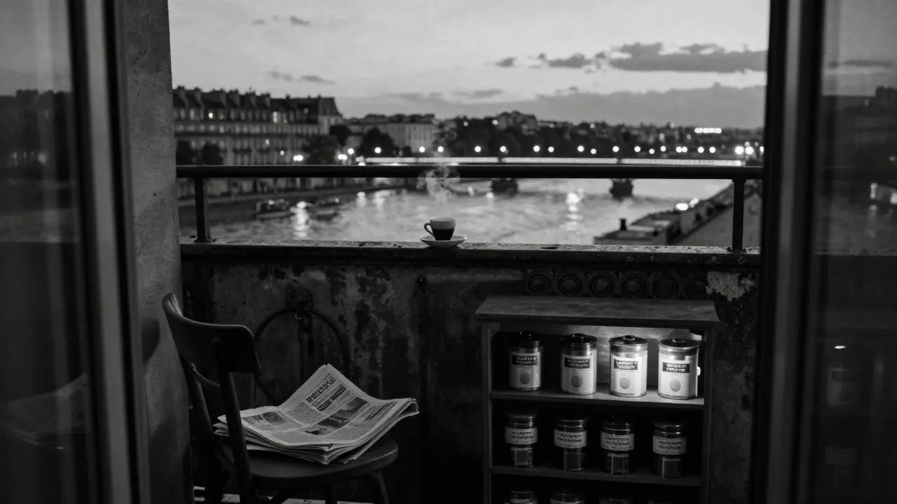 Empty balcony of Rocco’s Paris apartment at dusk, with a steaming espresso cup and distant Seine lights, symbolizing his quiet legacy.