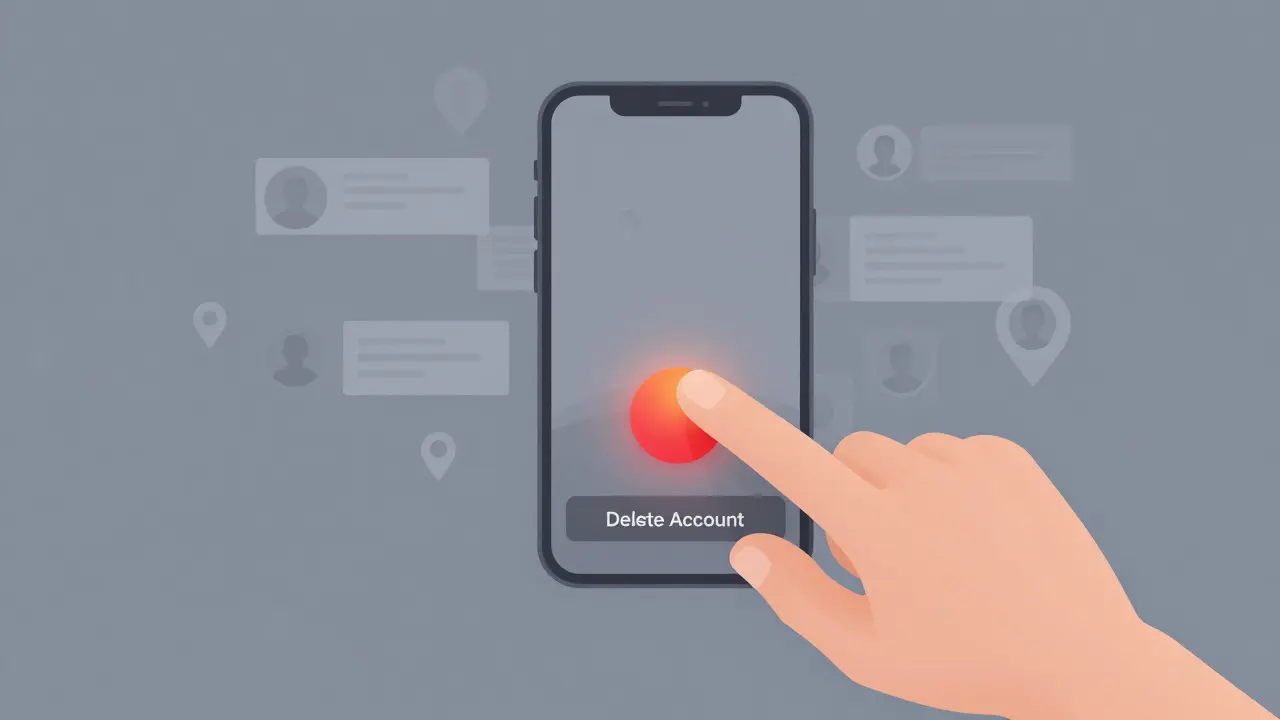 Hand pressing delete button on phone as digital traces fade into pixels.