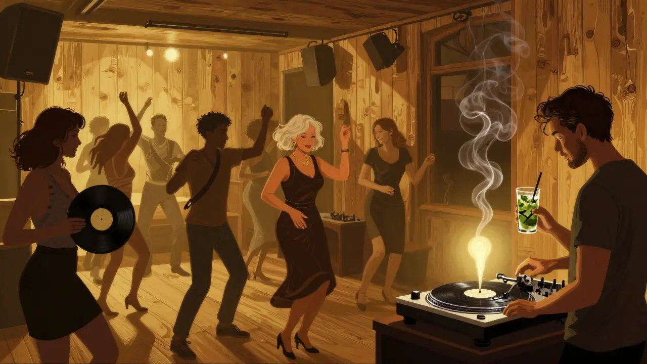 Interior of Matignon nightclub: diverse crowd dancing under warm amber lights, vintage vinyl spinning.