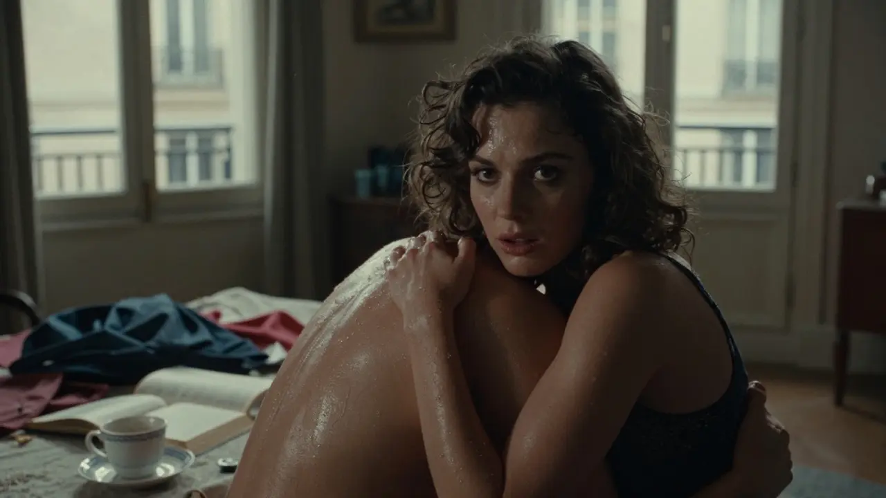 Intimate scene of Rocco performing in a realistic Paris apartment, natural light and raw emotion capturing a moment of authentic connection.