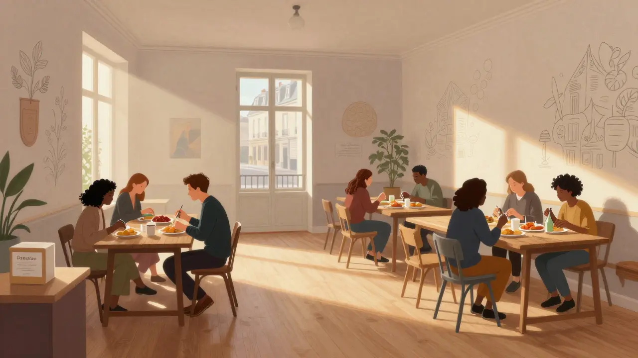 People sharing breakfast at Le Depot at dawn, with no phones visible, in a cozy, art-covered space.