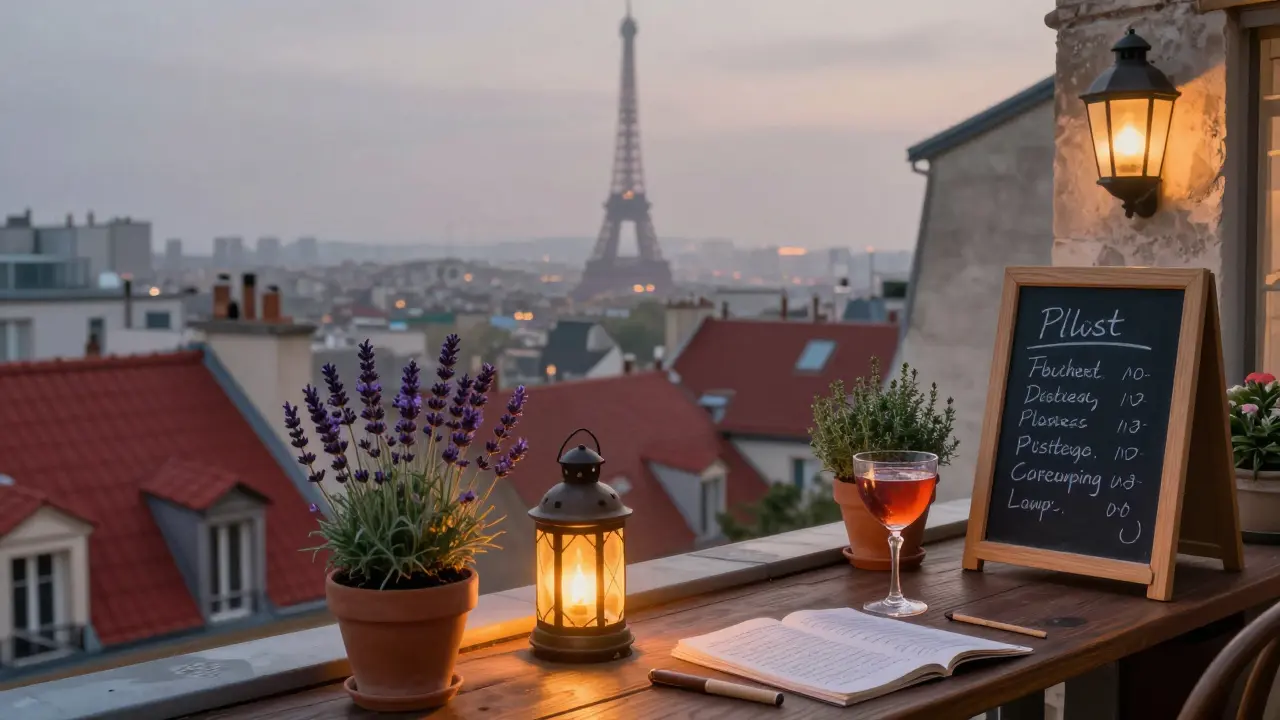 People sipping cocktails on a Montmartre rooftop at dusk, with Parisian rooftops and the Eiffel Tower in the distance.