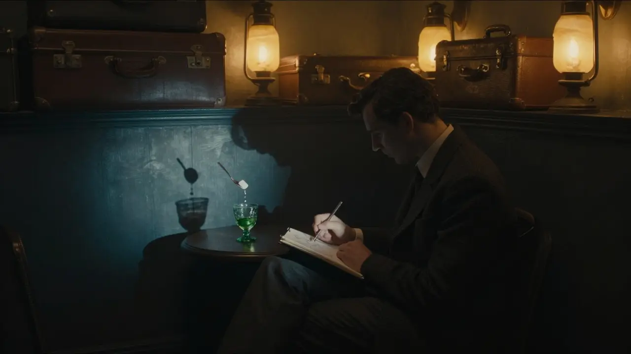 Quiet corner of Le Comptoir Général at night, shadows of patrons lit by absinthe glow.