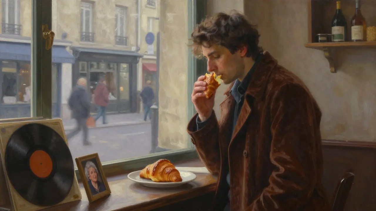 Sebastian Barrio stands in a quiet Montmartre bakery at dawn, morning light on his face, velvet coat draped over his shoulders.