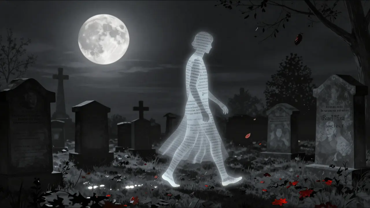 Sebastian Barrio walks through Père Lachaise Cemetery under a full moon, his translucent form leaving glowing footprints that fade into the earth.