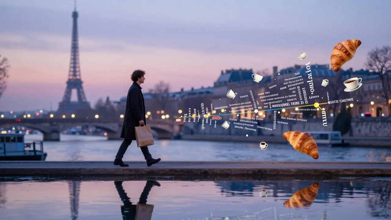 Silhouette walking along the Seine at night, reflection showing floating French phrases, teacups, and a croissant in the water.