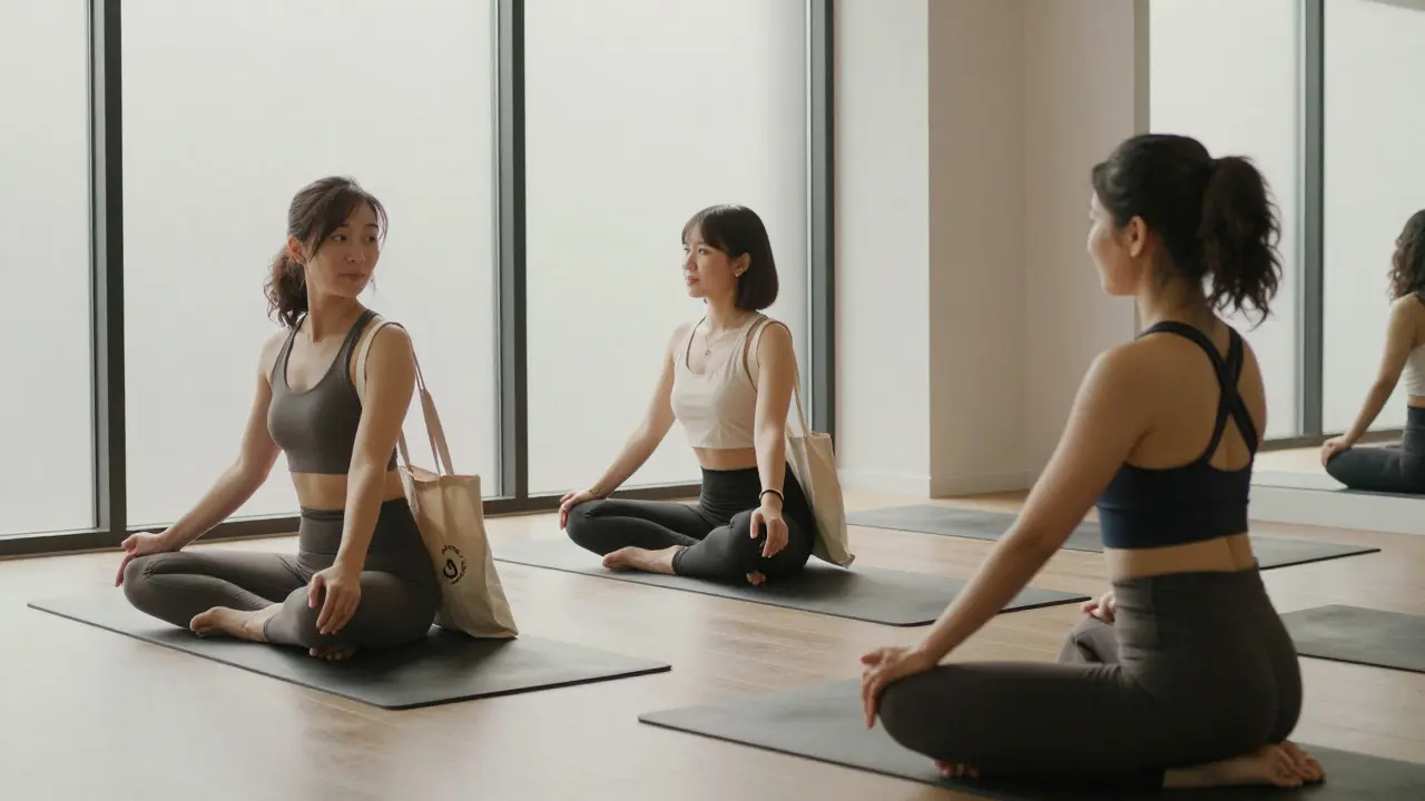 Three people stretching together after yoga in a sunlit studio.
