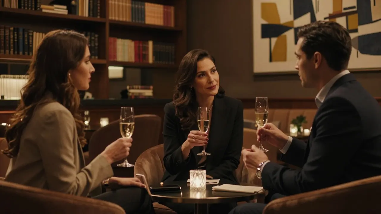 Three sophisticated individuals conversing in a luxury lounge, enjoying champagne under soft lighting.