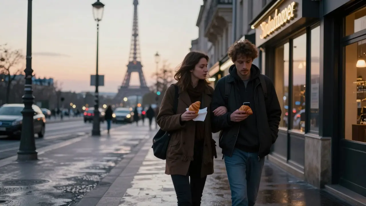 Two people walking home at dawn after club closing, holding croissant, Eiffel Tower in distance.