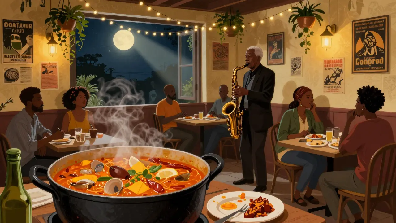 Vibrant cultural space at midnight with live jazz, diners enjoying Senegalese stew under string lights.