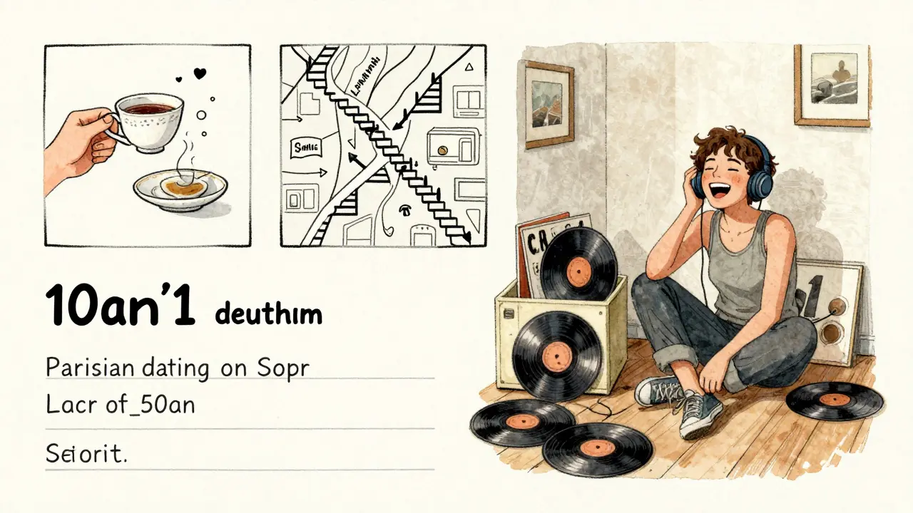 Vintage sketchbook with illustrations of mismatched teacups, hidden Paris staircases, and vinyl records in a small apartment.