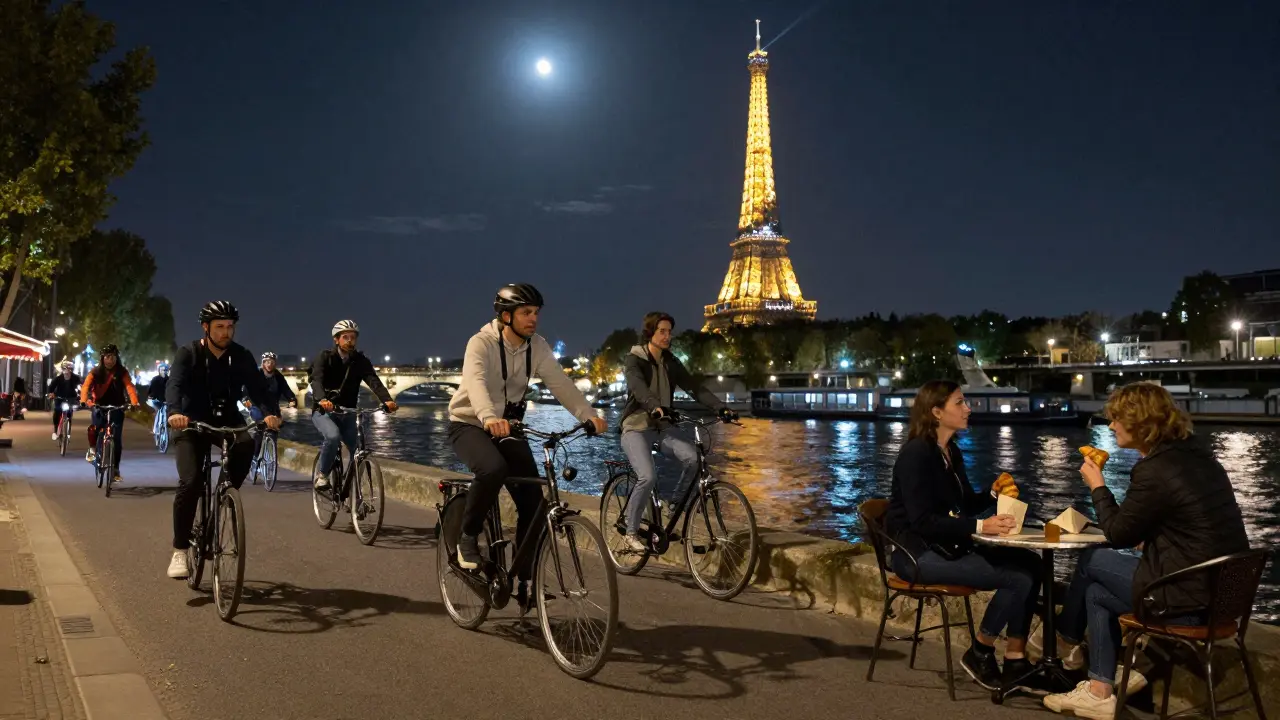 A couple biking along the Seine at night under the shimmering Eiffel Tower.