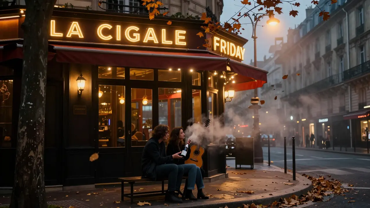 A couple sitting on a curb outside La Cigale in Paris, sharing wine as music drifts from inside on a crisp autumn night.