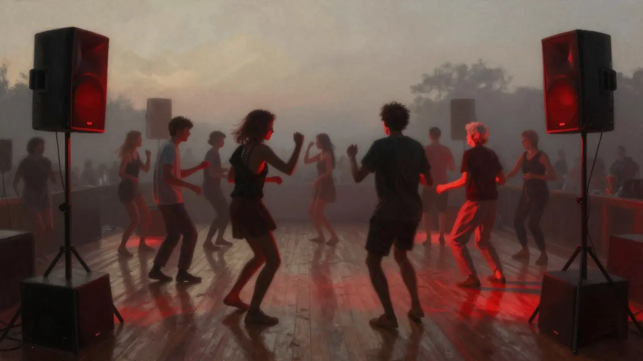 A crowded dance floor at dawn, bathed in red light, with diverse people moving as one to deep techno.