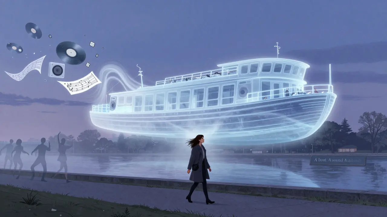 A ghostly transparent barge hovers above a modern riverside path, dissolving into sound waves and floating records under a twilight sky.