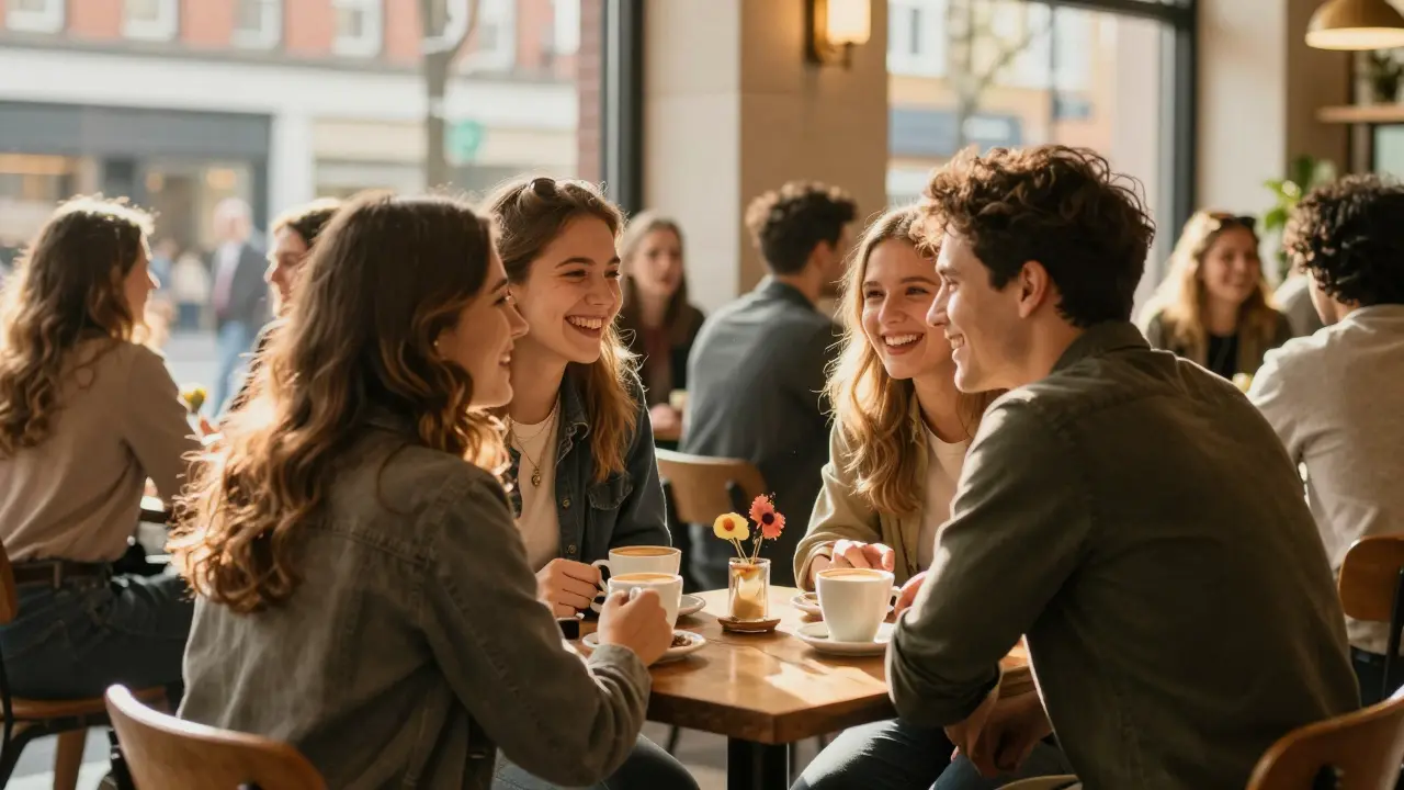 A group of young adults socializing at a Fruitz meetup in a Manchester café.
