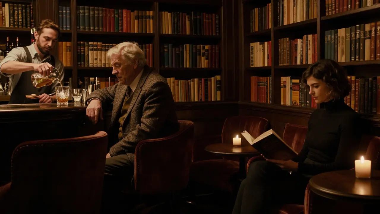 A hidden basement bar with dim lighting, a bartender pouring a drink for a man in a tweed jacket.