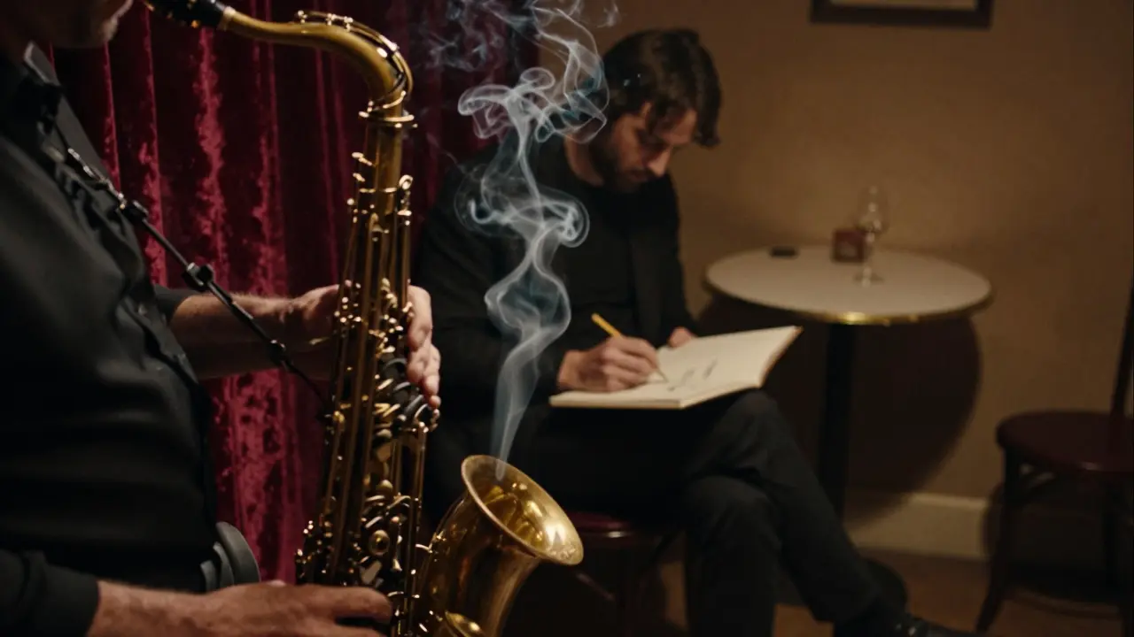 A jazz bar at night: a saxophonist’s hands in motion, a shadowed figure sketching in the corner under dim light.