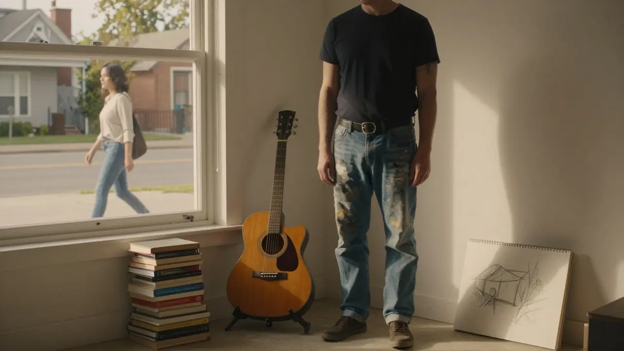 A man in a creative workspace, guitar and sketchbook nearby, as a woman walks past outside the window.