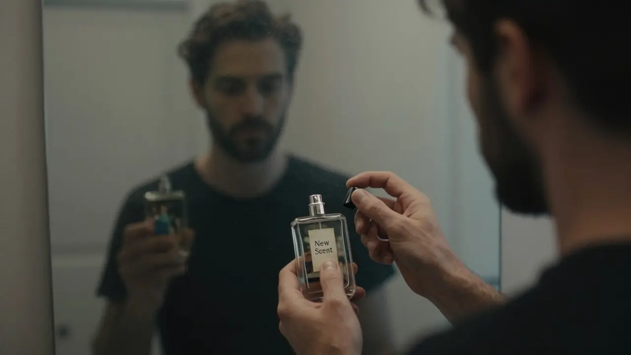 A man stares at his reflection, holding a new cologne and a family photo, while a ghostly double fades behind him.