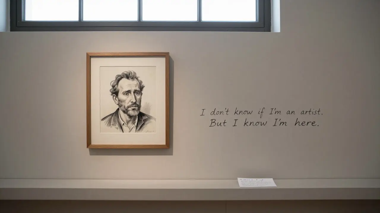 A simple charcoal self-portrait in a museum, framed beside a Camus quote, with a handwritten note nearby.