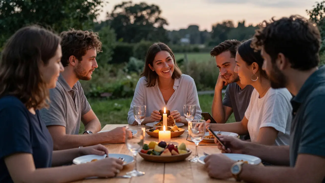 A small group sharing a dinner, making eye contact and connecting without phones.