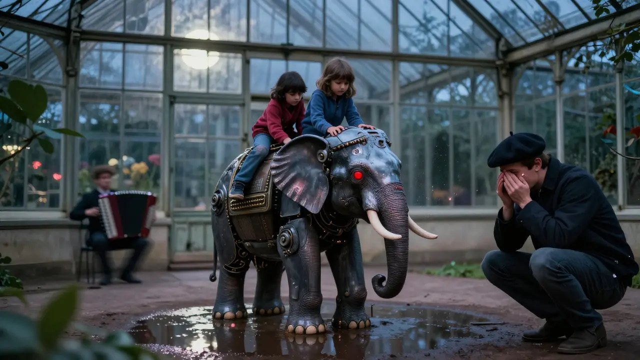 A small mechanical elephant stands in a greenhouse at night, children on its back, a man cries softly nearby.