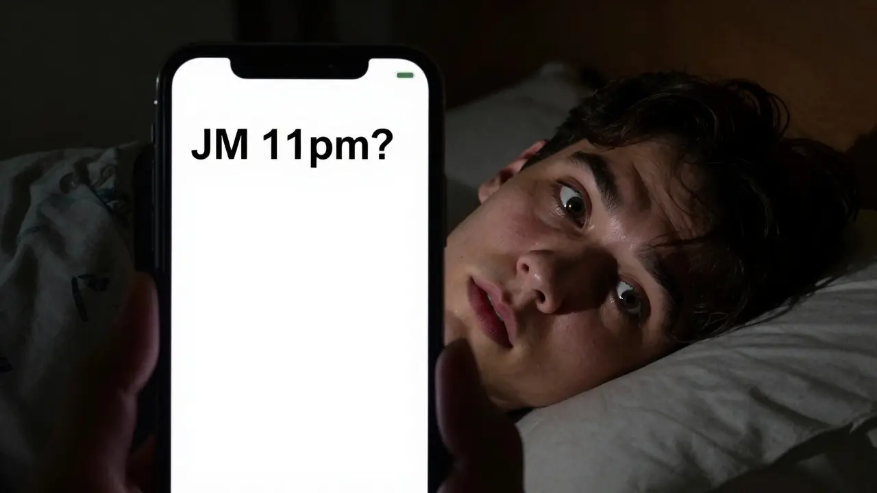 A smartphone screen showing a text saying 'JM 11pm?' reflected on a person's face in a dark room.