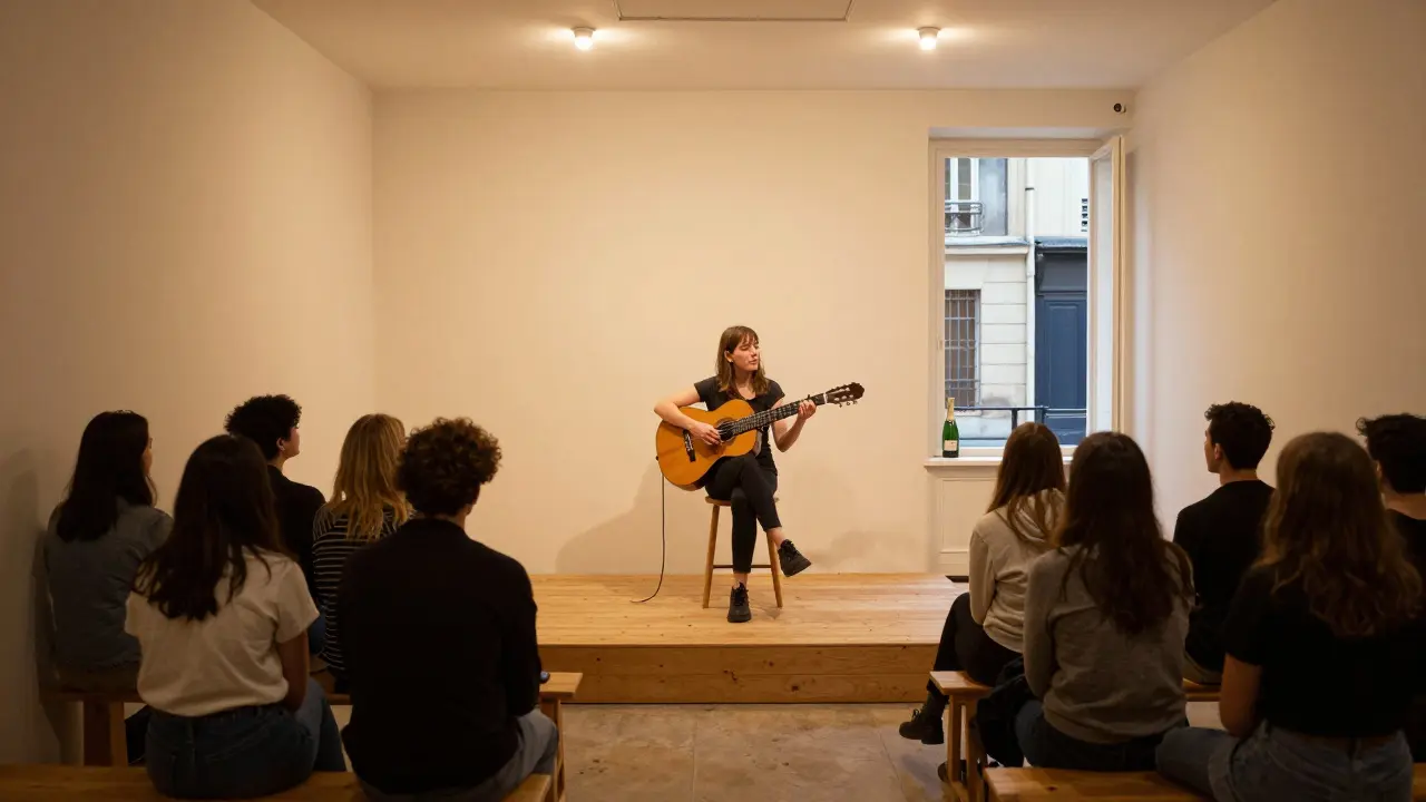 A solo acoustic performer at Le Très Court, quiet audience listening intently in warm lighting.