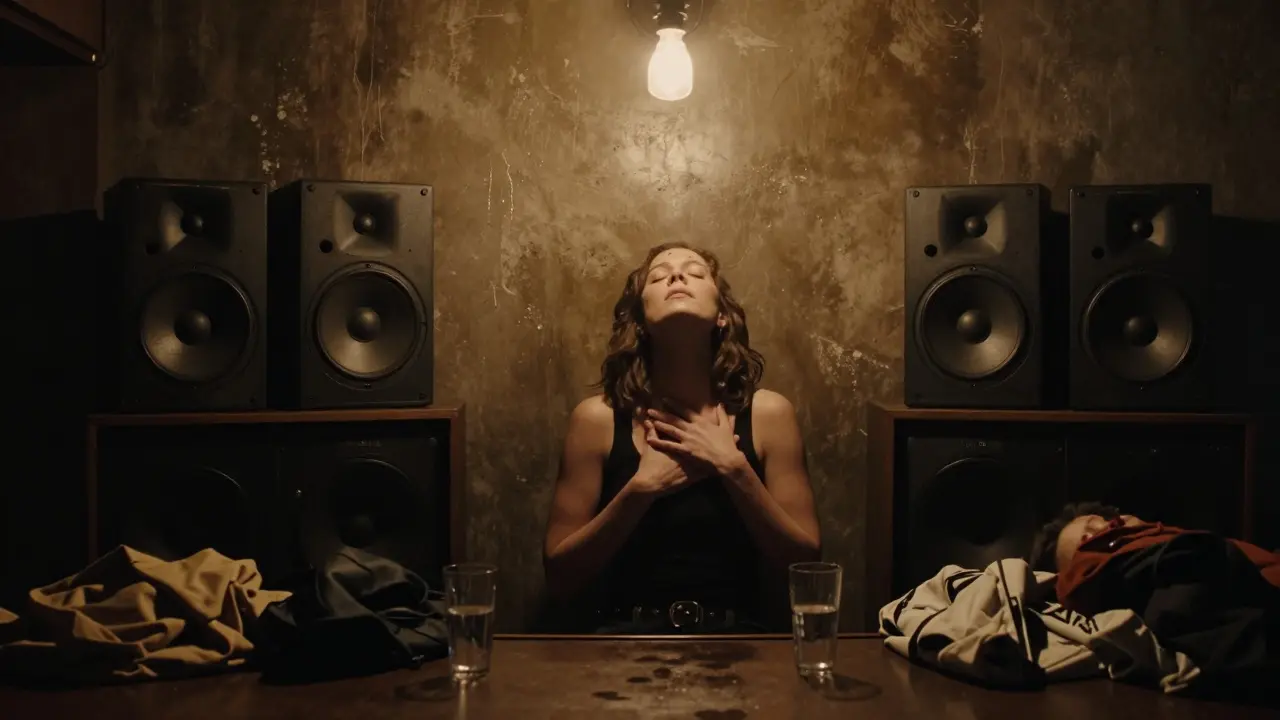 A woman feeling the music deeply at 4 a.m. in a nearly empty club, surrounded by abandoned jackets and empty glasses.