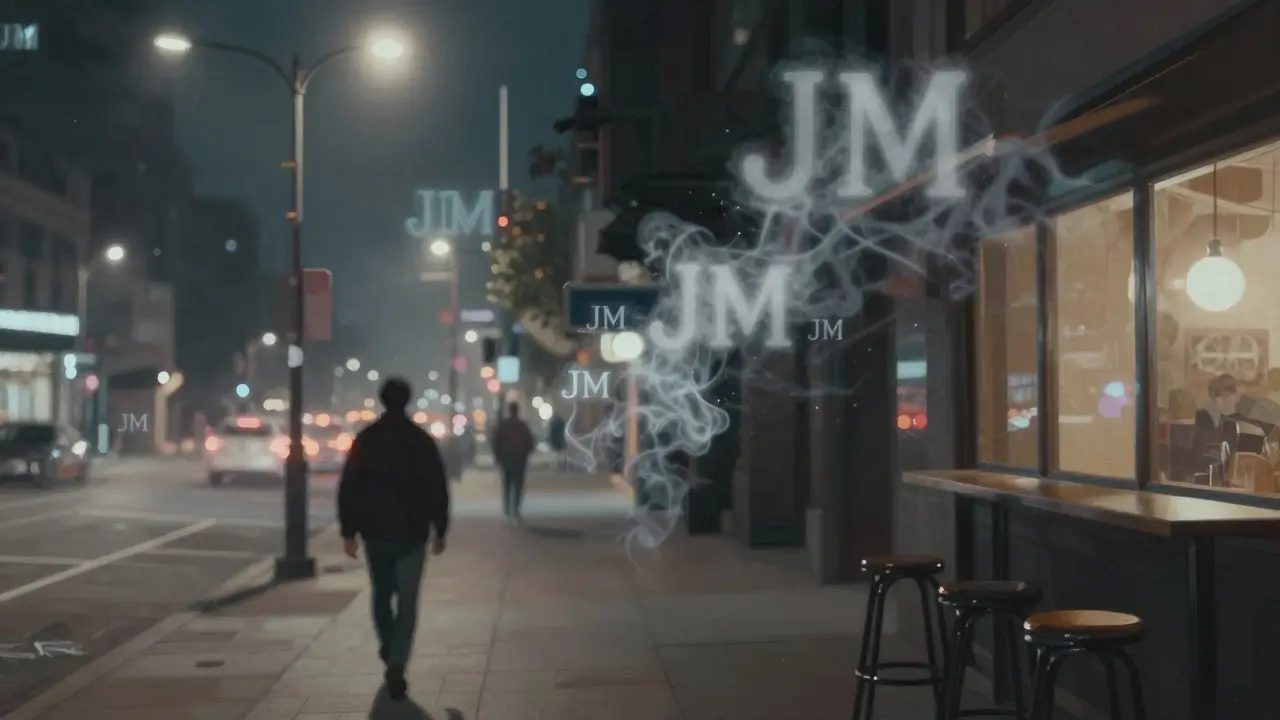 Abstract cityscape with fading 'JM' text dissolving into smoke, symbolizing fleeting, unspoken connections.