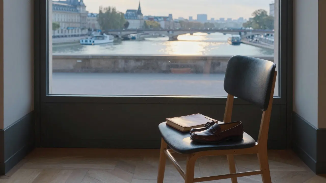 An empty chair by a window in the Musée d’Orsay, sunlight streaming in, evoking quiet contemplation.